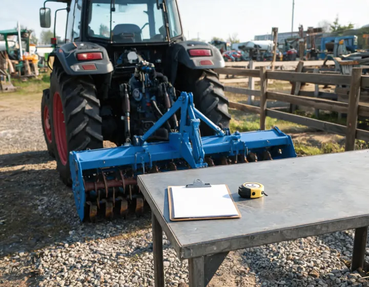 Tiller specification review worksheet beside a parked tractor
