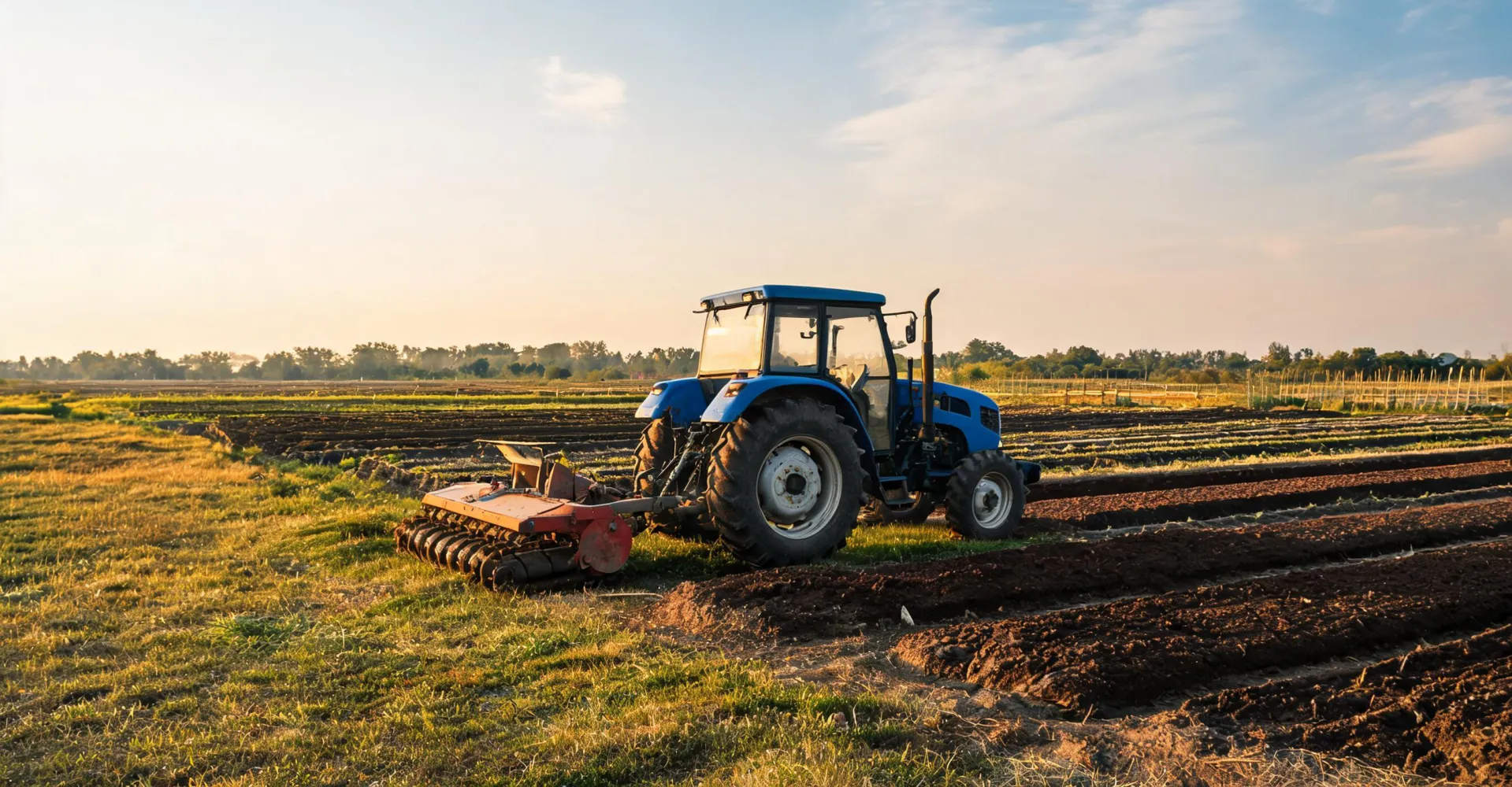 Tractor with rotary tiller beside prepared vegetable beds