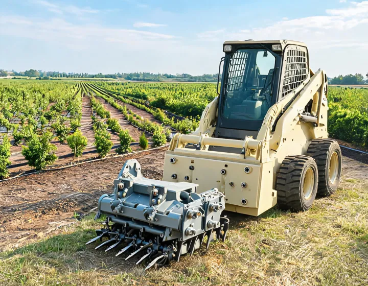Hydraulic tiller attachment parked beside a skid steer